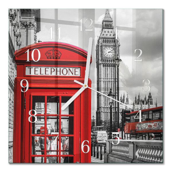 Horloge carrée en verre Cabine téléphonique rouge