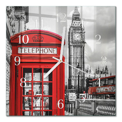 Horloge carrée en verre Cabine téléphonique rouge