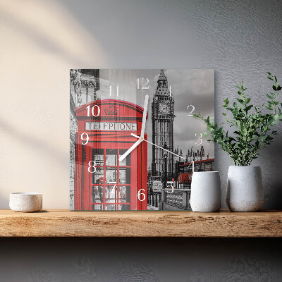 Horloge carrée en verre Cabine téléphonique rouge