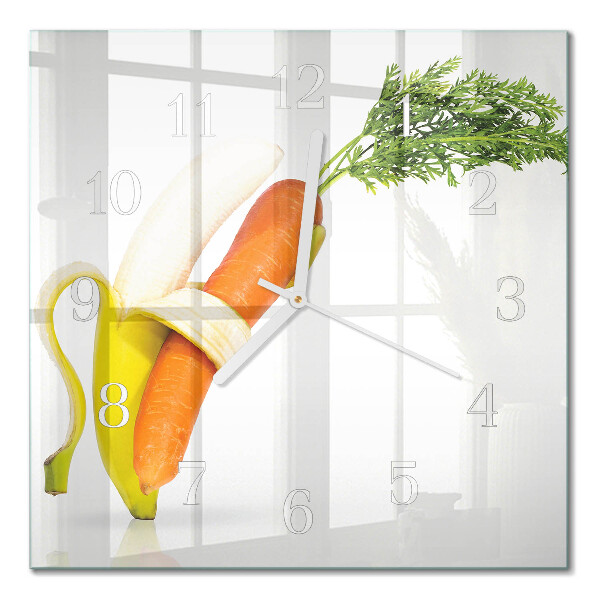 Horloge carrée en verre Carottes et bananes