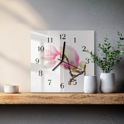 Pendule carrée en verre Fleur de magnolia