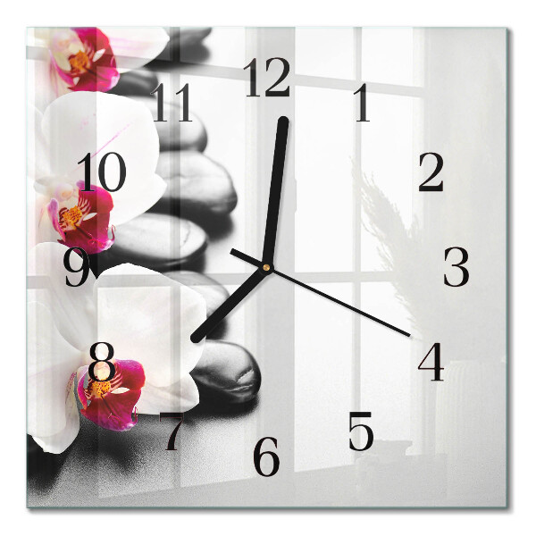 Pendule carrée en verre Pierres et orchidées