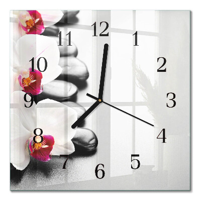 Pendule carrée en verre Pierres et orchidées