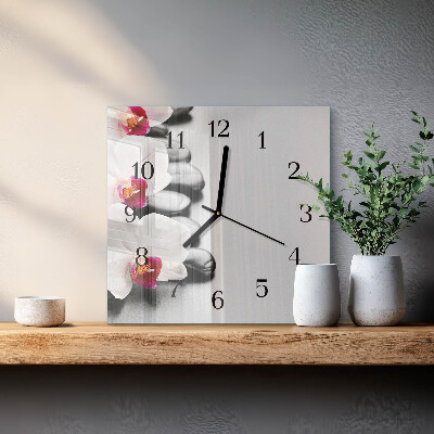 Pendule carrée en verre Pierres et orchidées
