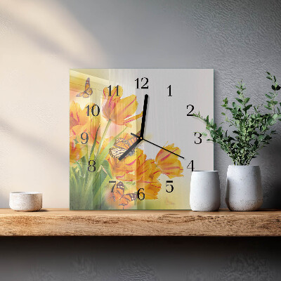 Pendule carrée en verre Tulipes
